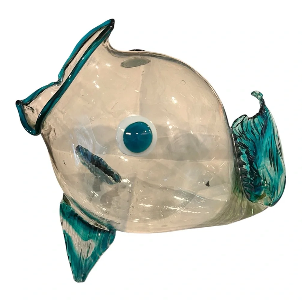 Vintage Blenko Style Fish Vase Retro 1960s MCM Clear, Blue And Teal.